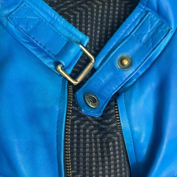 Genuine Leather Distressed Look Cafe Racer Jacket Zip Front & Sleeves Blue Large